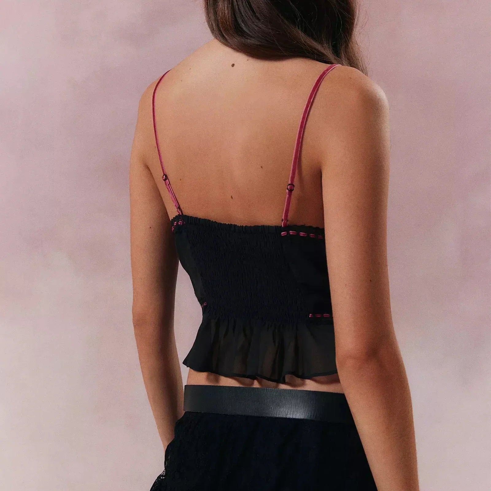 Sheer Mesh Lace Strap V Neck Cami Top