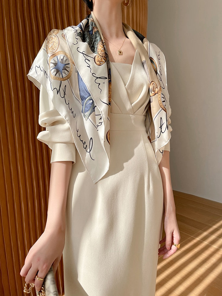 Satin Square Neck Long Sleeve Wrap Midi Dress
