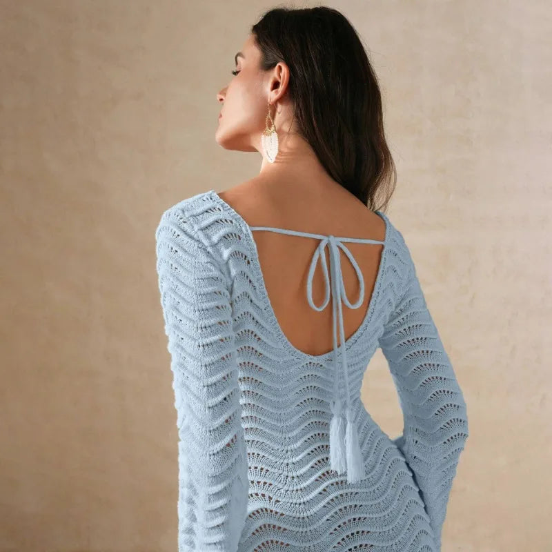 Open Knit Bell Sleeve Keyhole Metal Bar Back Tie Maxi Dress