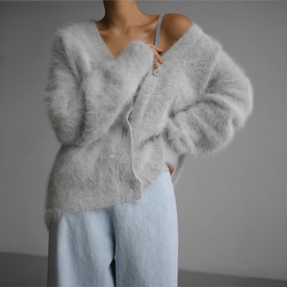 Fuzzy Knit V-Neck Button Front Cardigan