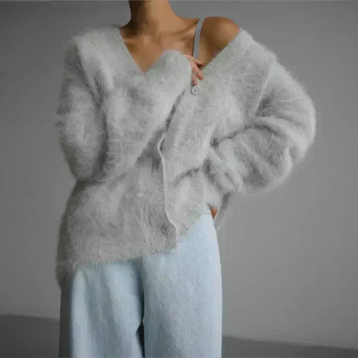 V-Neck Button Front Fuzzy Knit Oversized Cardigan