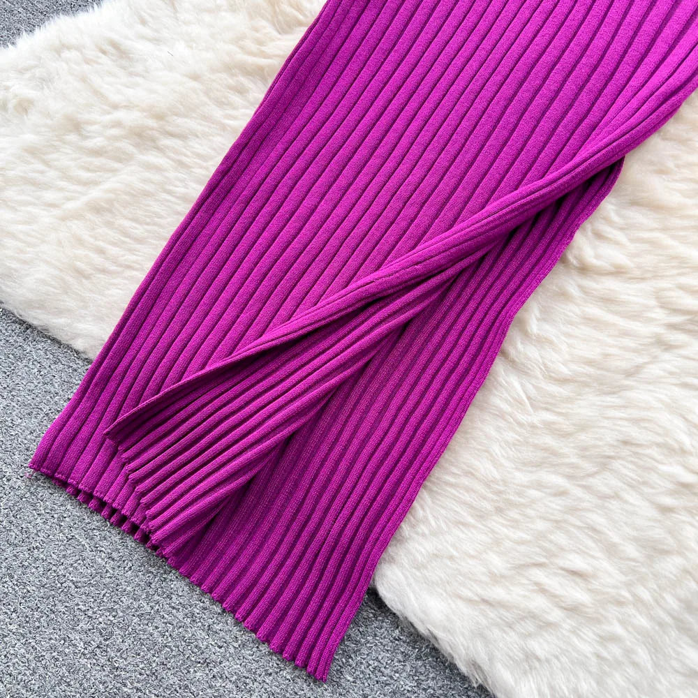 Ribbed Knit V-Neck Sleeveless Cut Out High Split Bodycon Maxi Dress