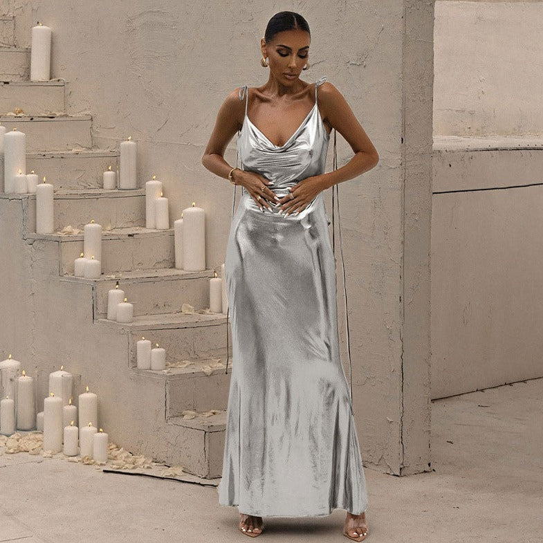 Glossy Soul Metallic Backless Maxi Dress - View 5
