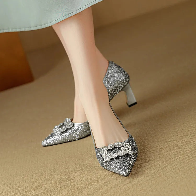 Pointed Toe Glitter Rhinestone Buckle Block Heel Pumps