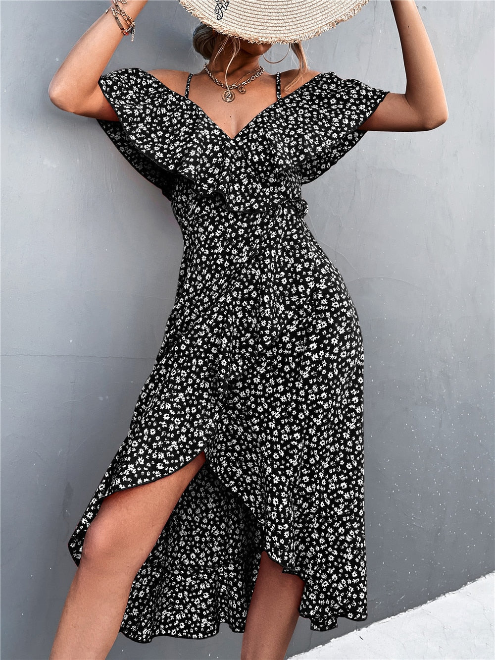 Olga Minimalist Dress Flowers and Off Shoulder Elevated Occasion Wear
