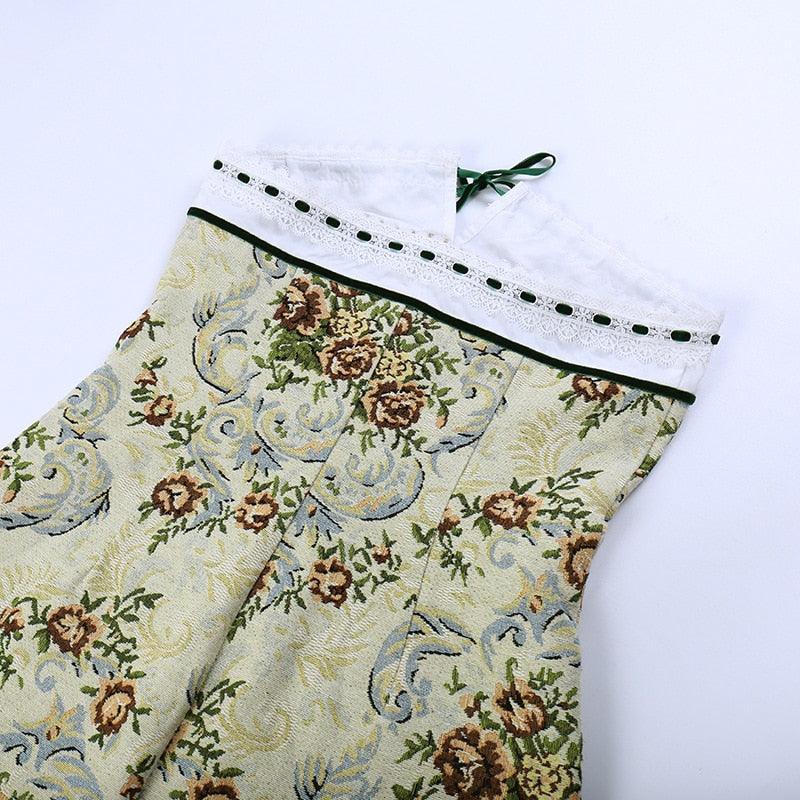 Floral Tapestry Strapless Lace Trim Corset Mini Dress