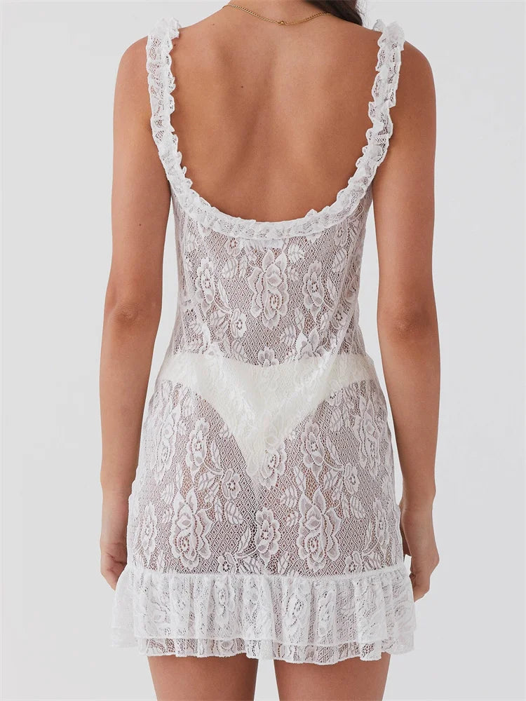Sheer Floral Lace Ruffle Strap Tie Front Ruffle Hem Mini Dress 3