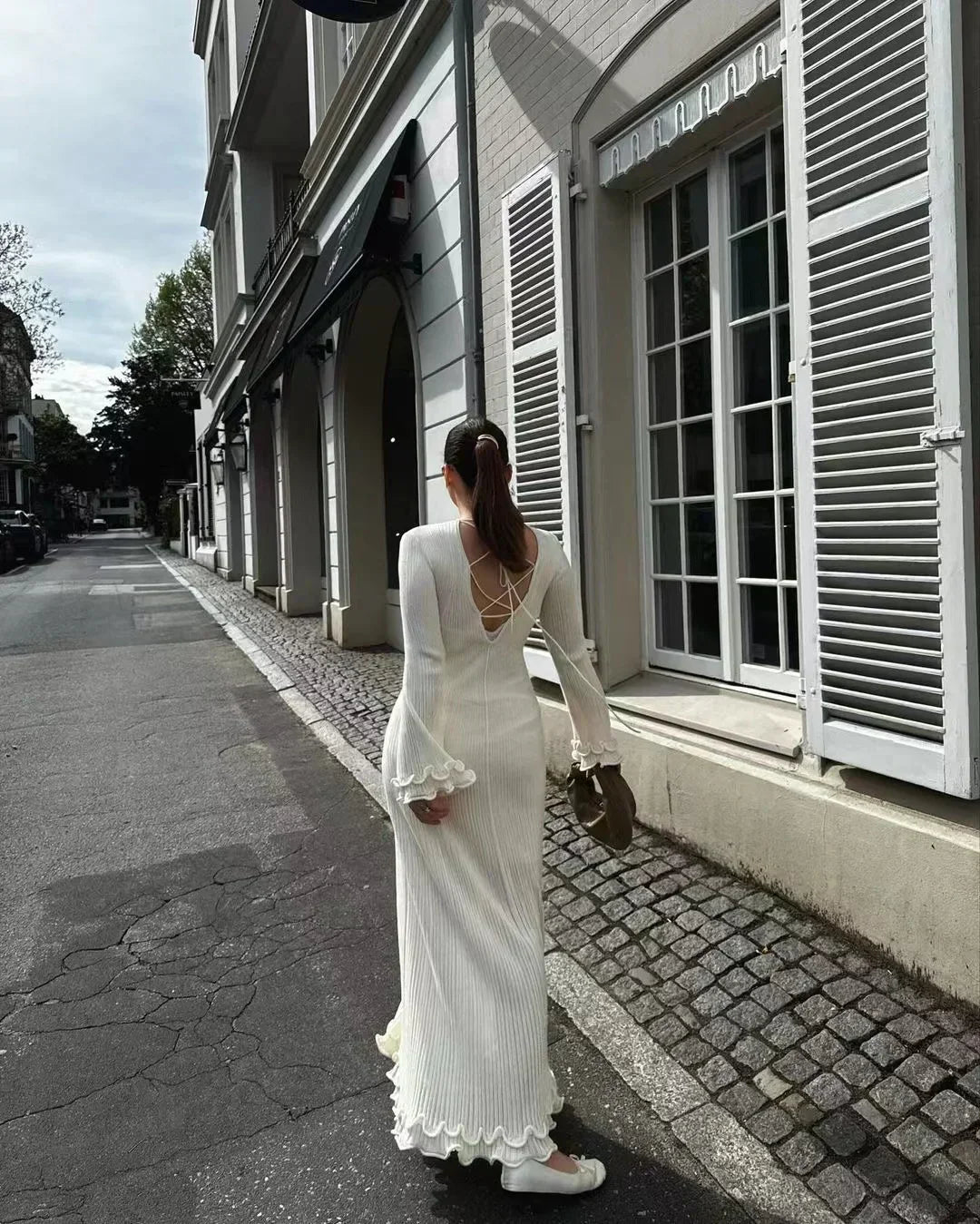 Ribbed Knit Crew Neck Long Sleeve Fluted Cuff Ruffle Hem Maxi Dress