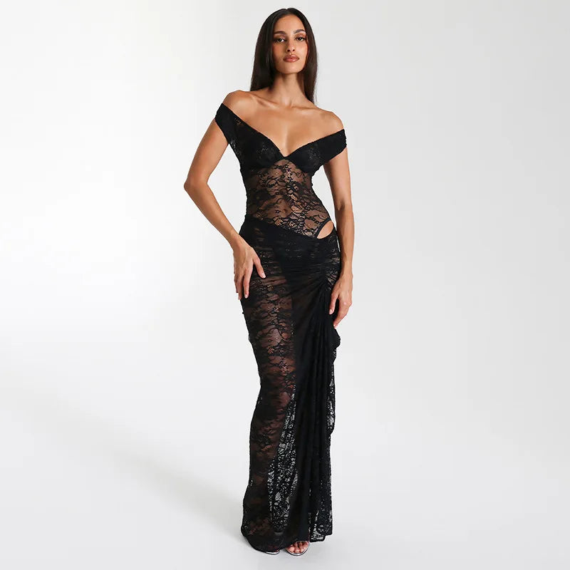 Lace Off Shoulder Sweetheart Corset Hip Cut Out Ruched Maxi Gown