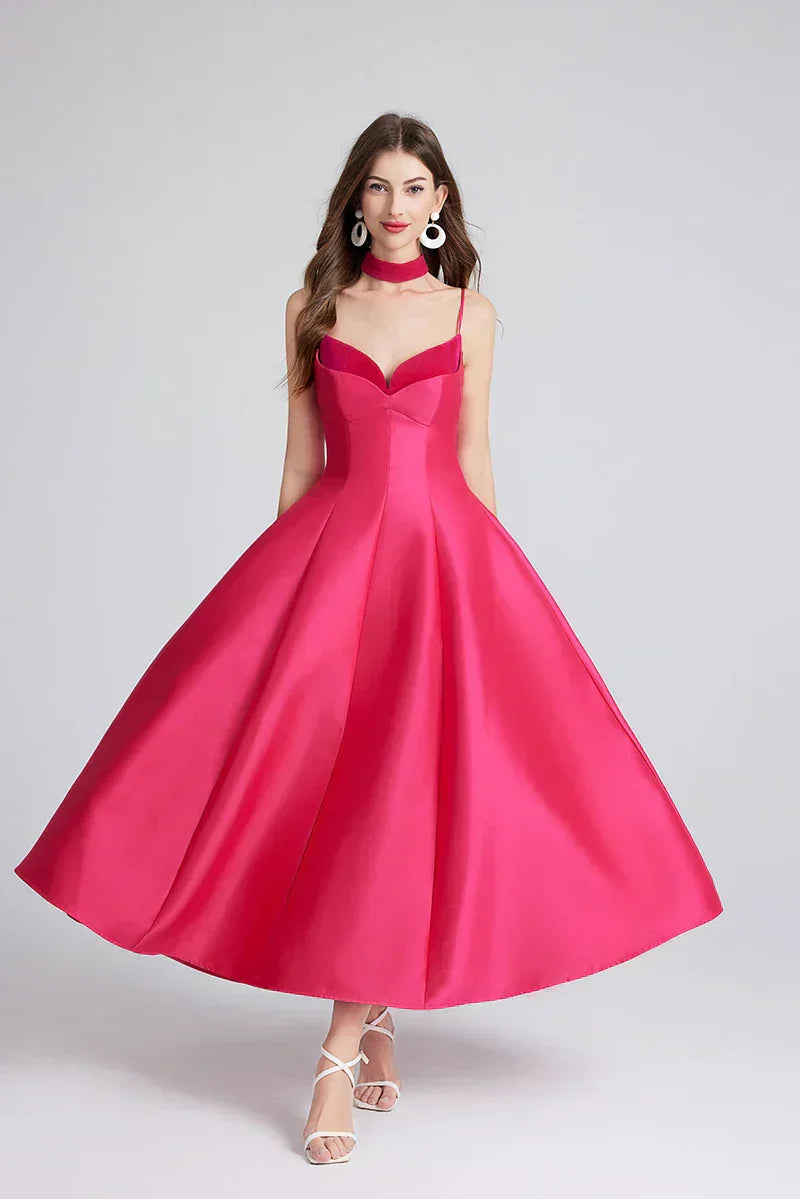 Satin Sweetheart Spaghetti Strap Fit and Flare Midi Dress