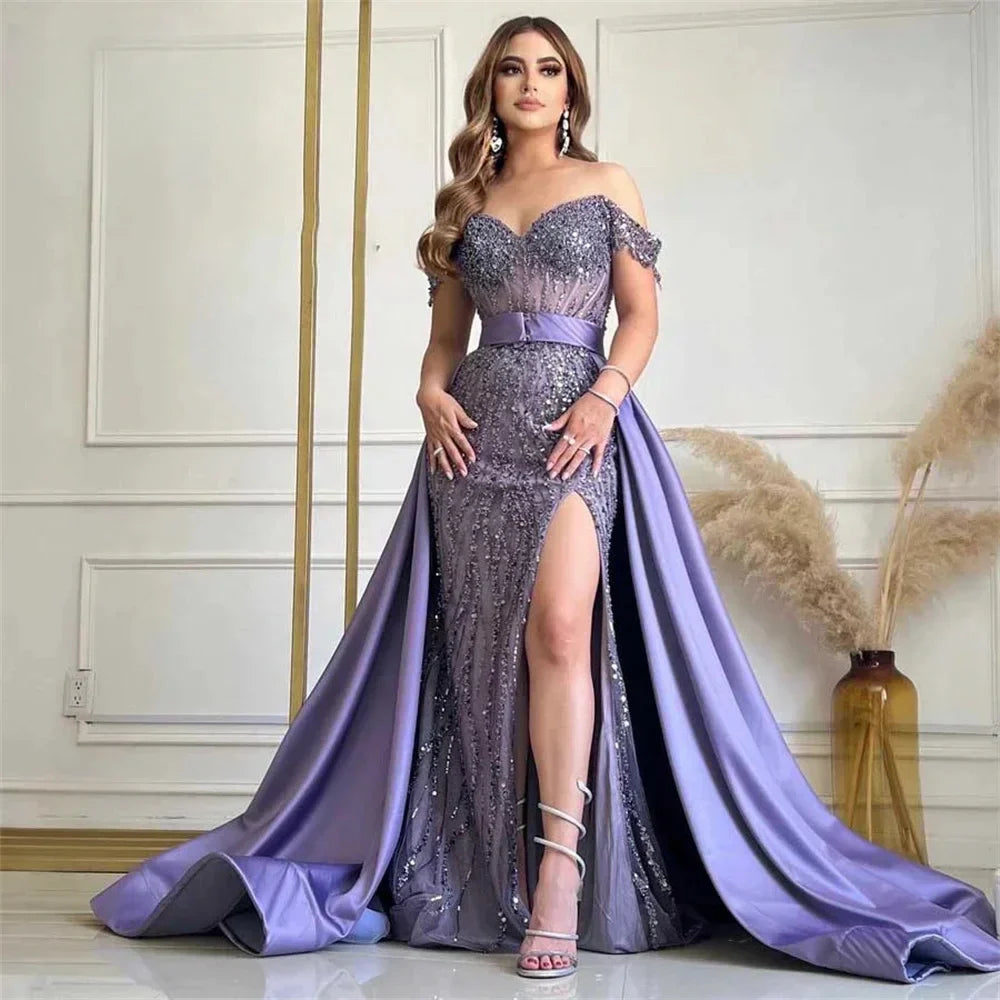 Sequin Off Shoulder Sweetheart Corset High Split Tulle Mermaid Gown