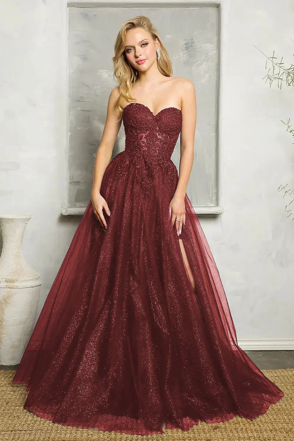 Lace Strapless Sweetheart High Split Tulle A-Line Gown