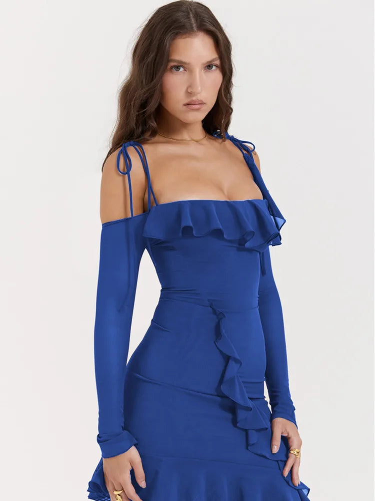 Cold Shoulder Long Sleeve Ruffle Trim Asymmetric Hem Bodycon Mini Dress 3