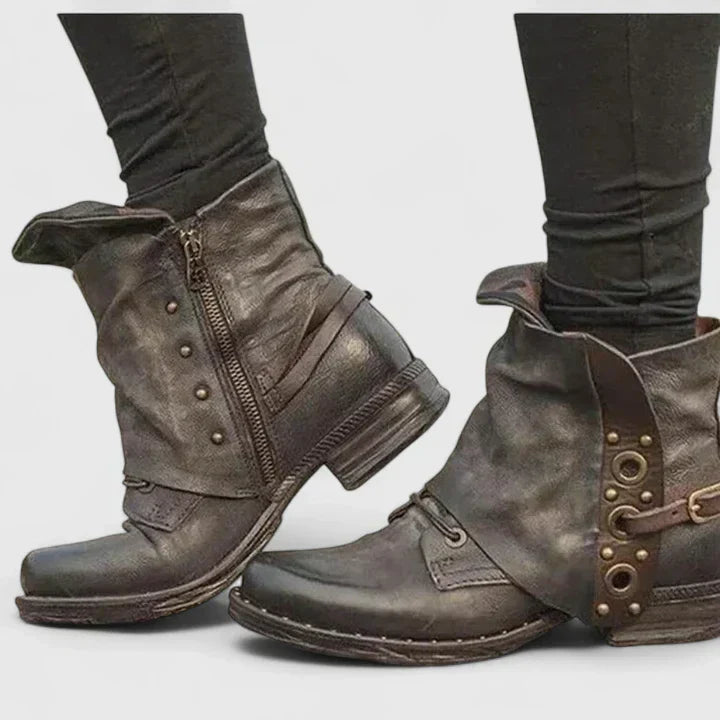 Buckle Strap Studded Fold Over Ankle Boots