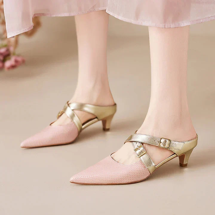 Pointed Toe Buckle Strap Slingback Kitten Heel Pumps