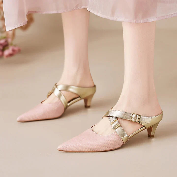 Pointed Toe Cross Ankle Strap Buckle Slingback Heels