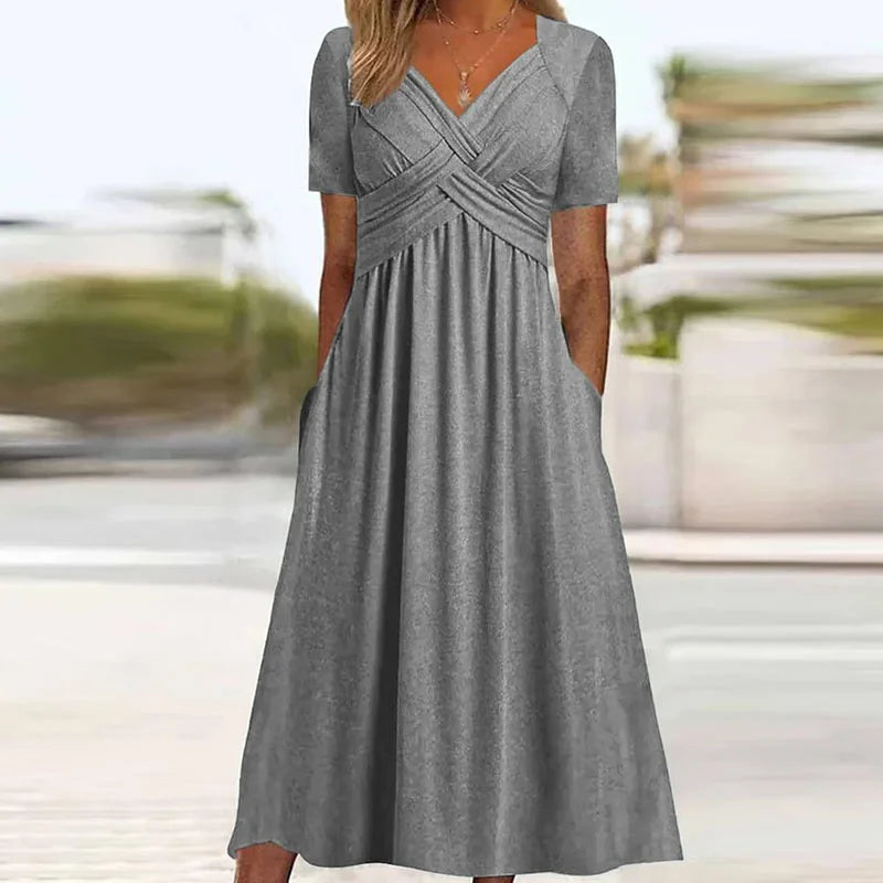 V-Neck Short Sleeve Surplice Wrap Pleated Pocket Maxi Dress
