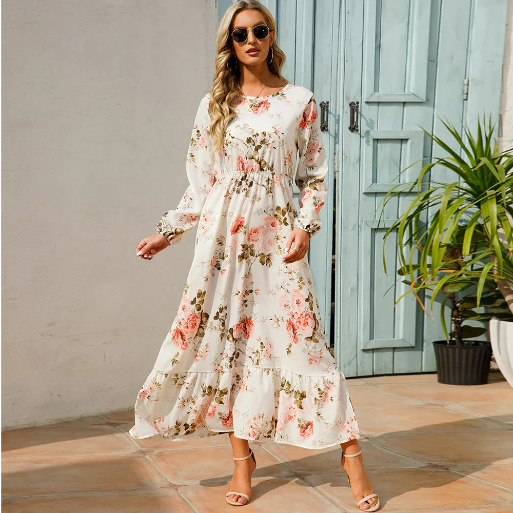 Floral Long Sleeve Tiered Ruffle Boho Maxi Dress