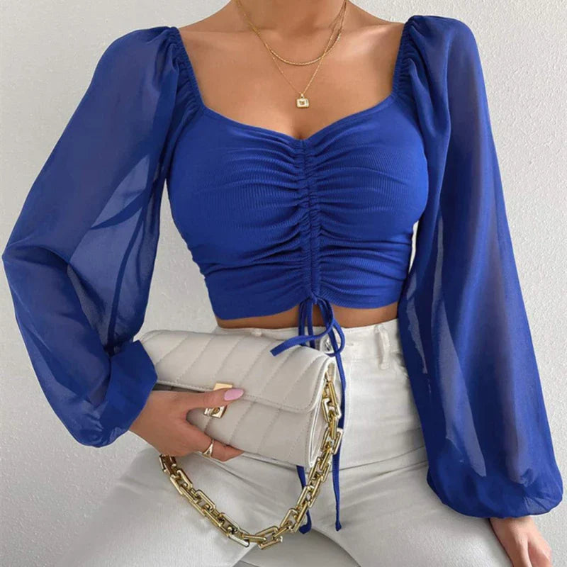 VNeck Drawstring Bandage Sheer Top