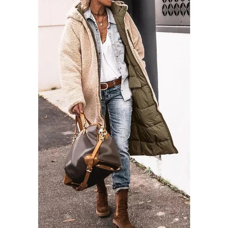 Hooded Sherpa Lined Longline Quilted Coat