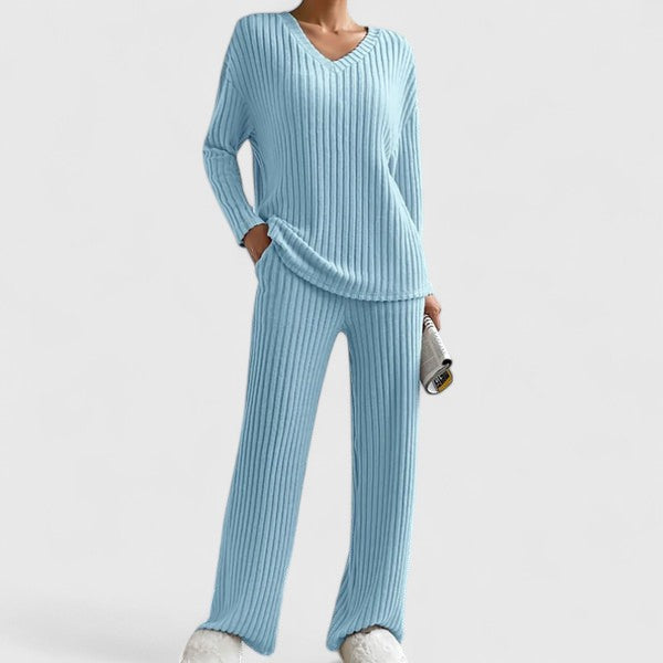 V-Neck Long Sleeve Ribbed Knit Top and Wide Leg Pants Two Piece Set