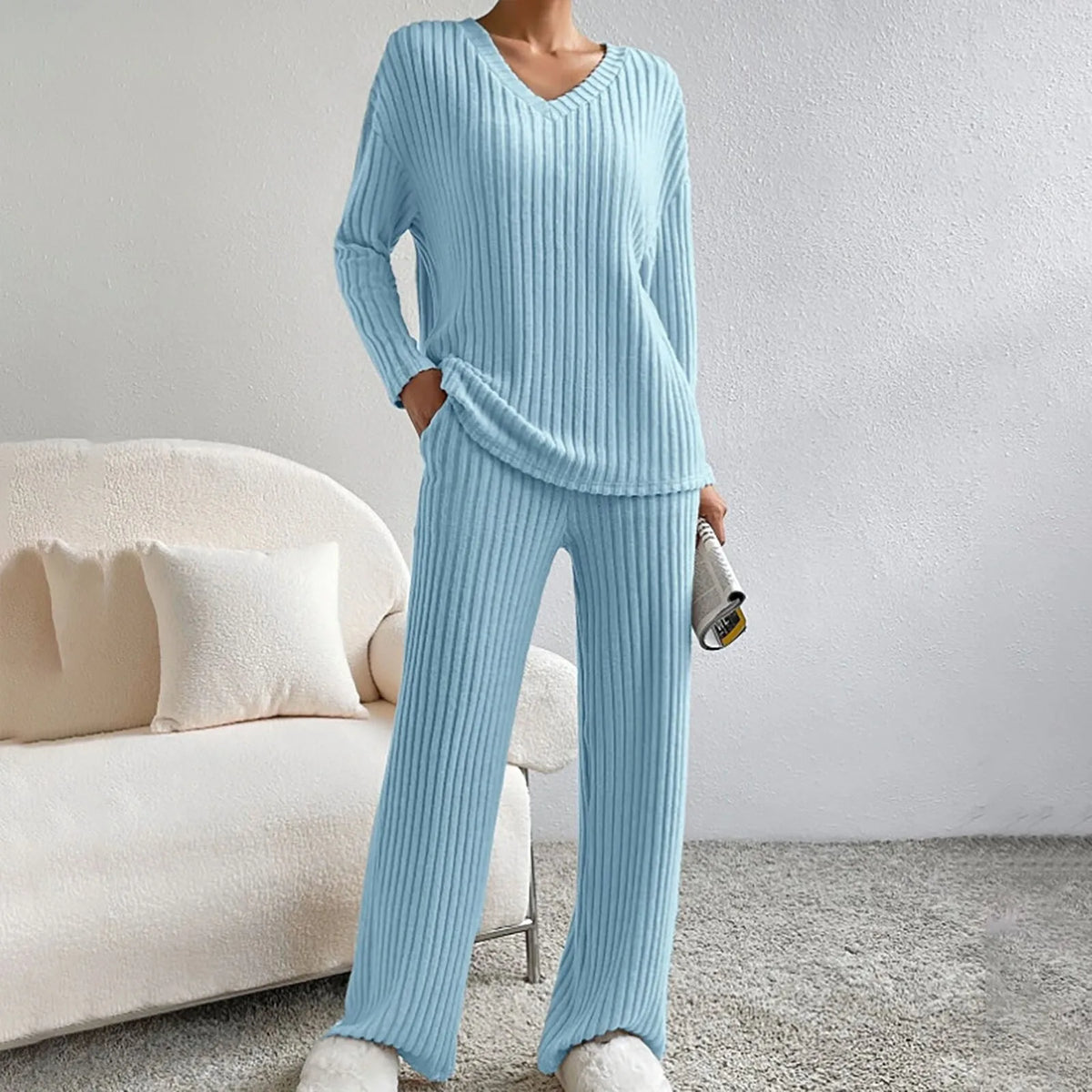 Ribbed Knit V-Neck Long Sleeve Top and Wide Leg Pants Two Piece Set