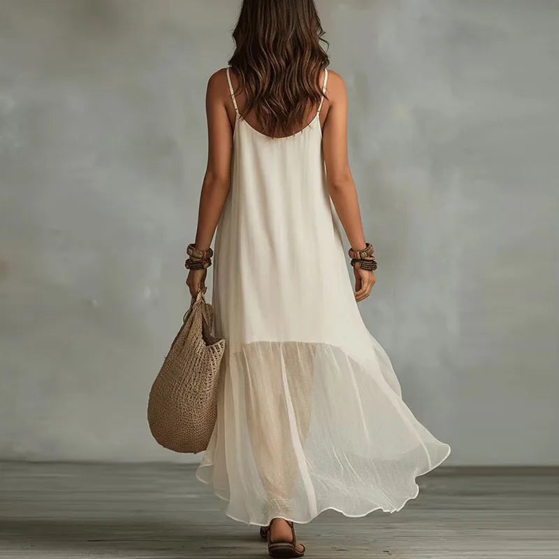 Chiffon Spaghetti Strap Ruffle High Low Maxi Dress Summer