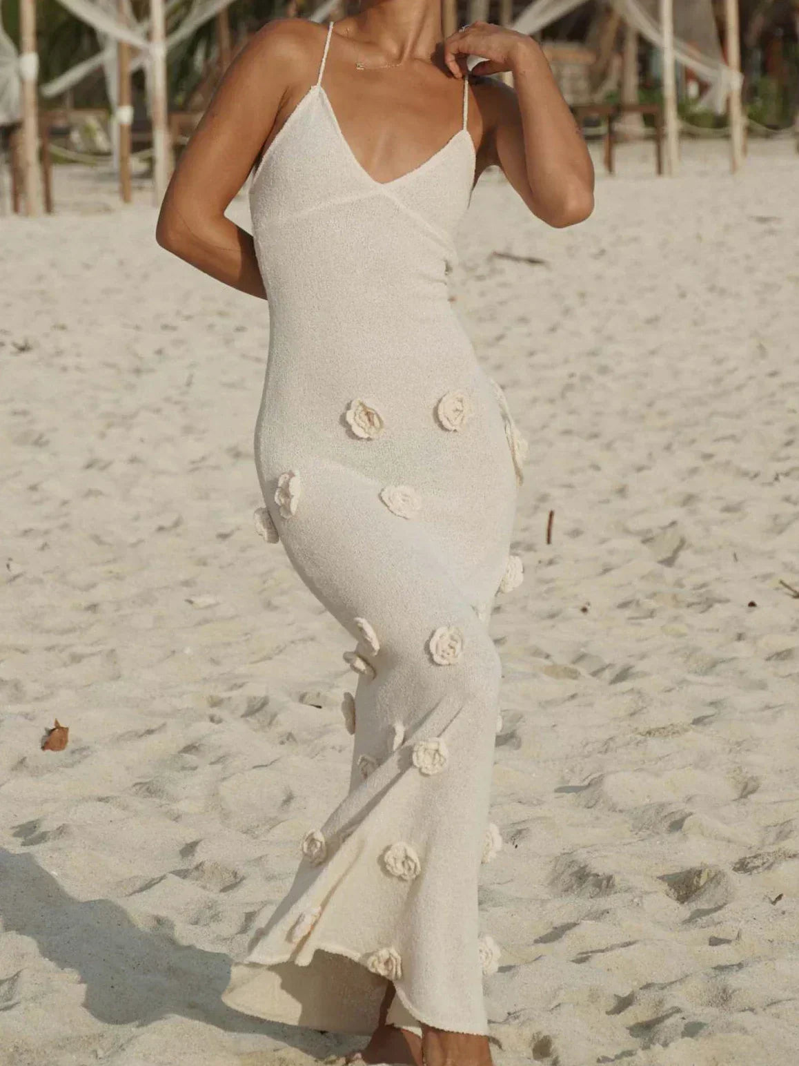 Knit V-Neck Spaghetti Strap Floral Applique Mermaid Maxi Dress