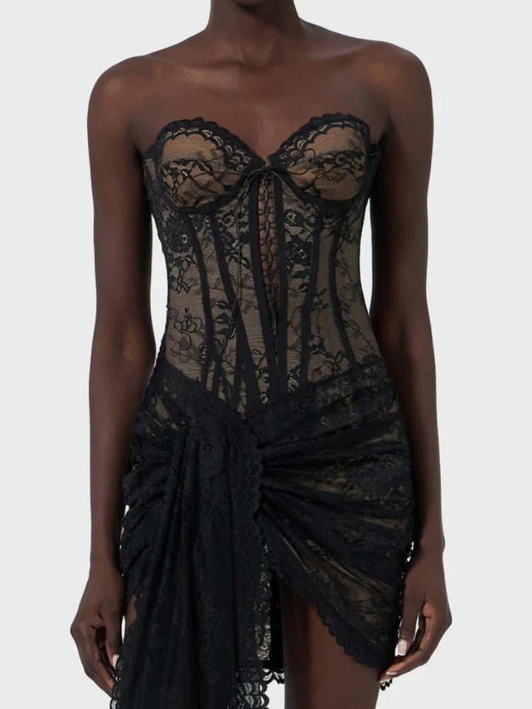 LaceUp Corset Folds Draped Mini Lace Dress