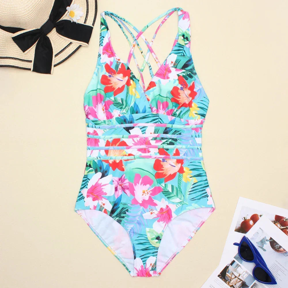 Floral Print V-Neck Ruched One Piece Swimsuit