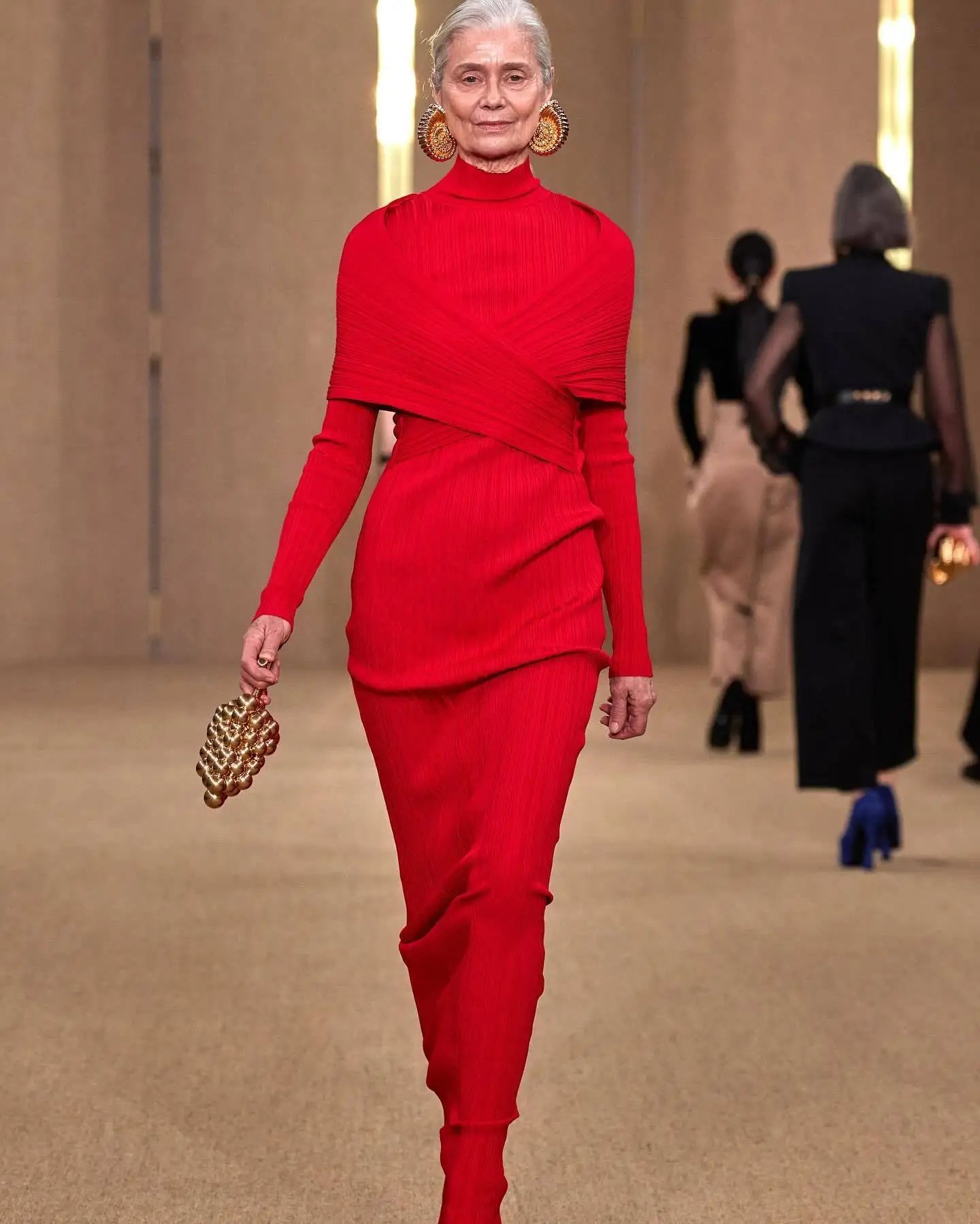 Ribbed Knit High Neck Long Sleeve Cross Wrap Bodycon Maxi Dress