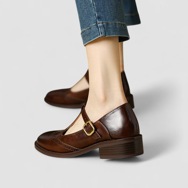 Round Toe T-Strap Buckle Brogue Mary Jane Flats