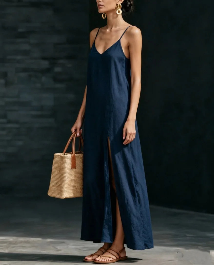 V-Neck Spaghetti Strap High Split Linen Look Maxi Dress