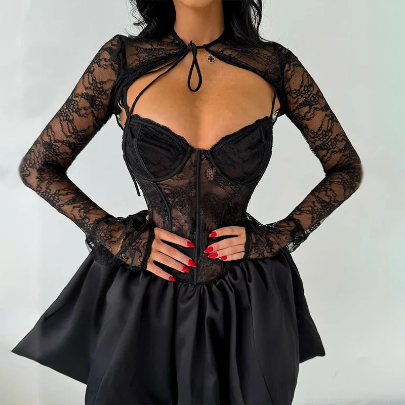 Black Lace Long Sleeve Flare Mini Dress - View 7