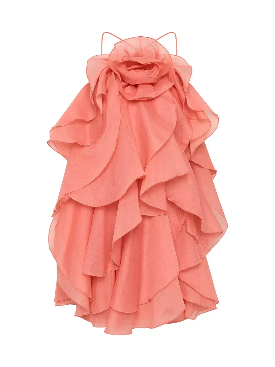 Halter Neck 3D Rosette Tiered Ruffle Organza Mini Dress