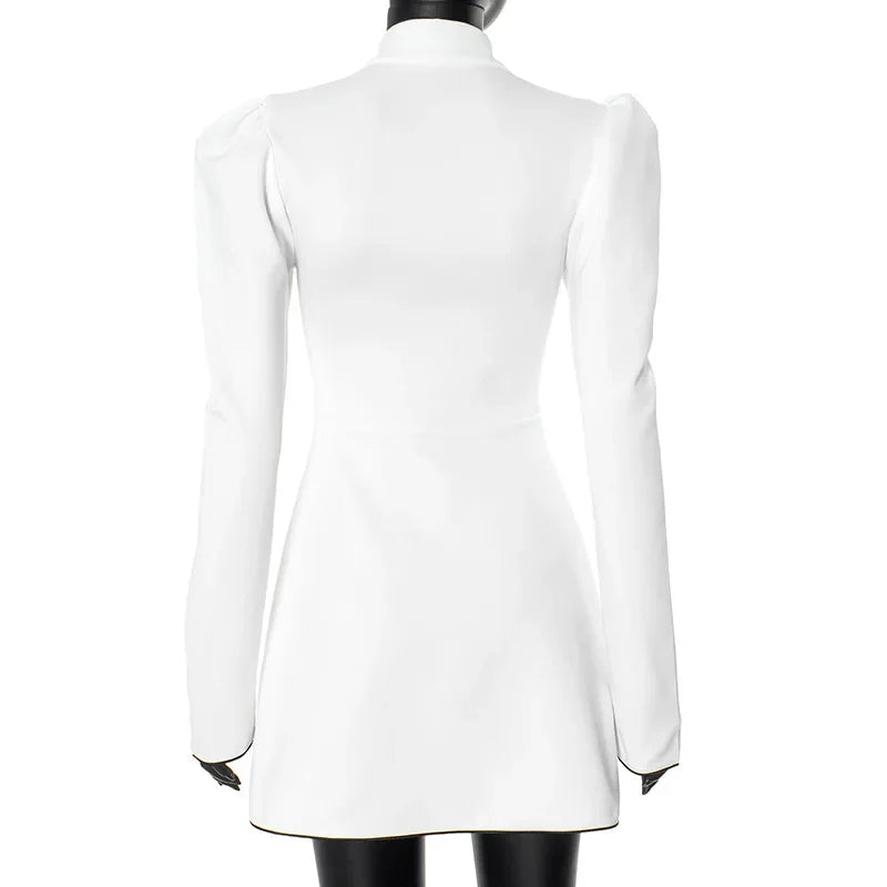 Stand Collar Keyhole Cut Out Puff Sleeve A-Line Mini Dress