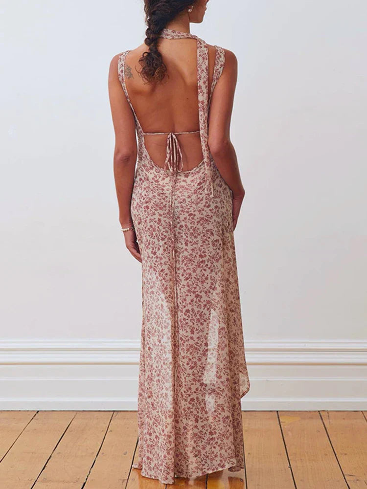 Halter Neck Tie Back Backless Floral Chiffon Maxi Dress