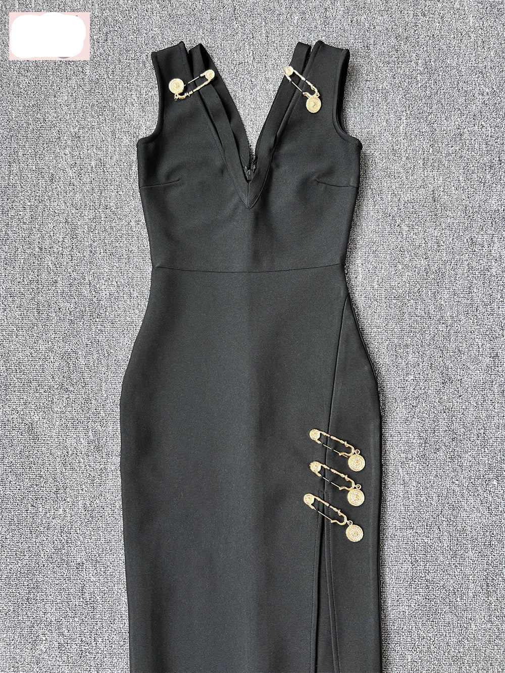 Medallion Safety Pin Sleeveless V-Neck Wrap Bandage High Split Midi Dress