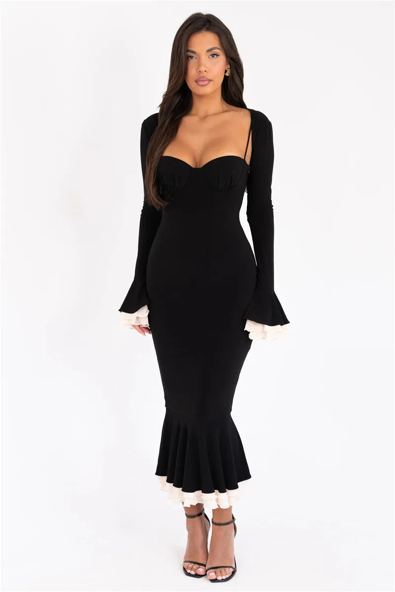 Sweetheart Spaghetti Strap Ruffle Trim Mermaid Midi Dress Two-Piece Set