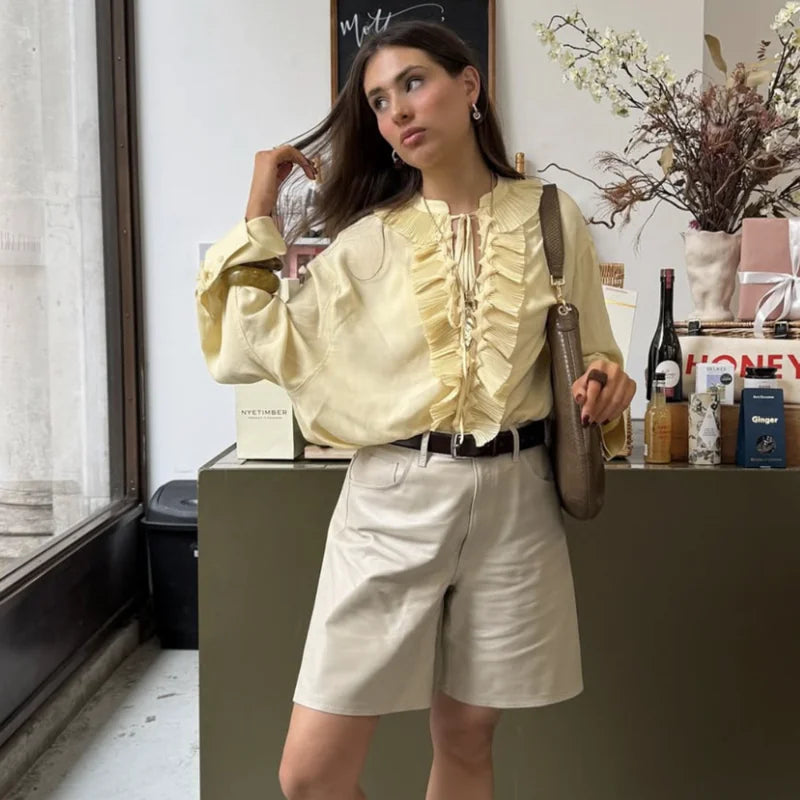 Casual Chiffon Pleated Lace-up Blouse