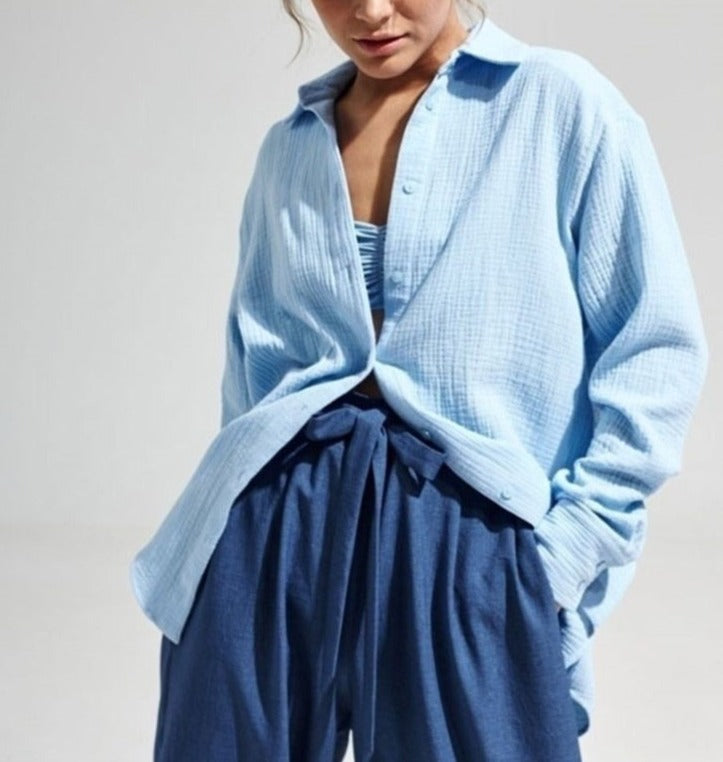 Textured Gauze Collared Button Up Long Sleeve Oversized Shirt 3