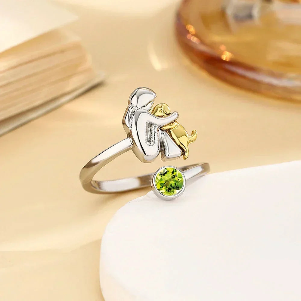 Two Tone Dog Hug Cubic Zirconia Open Adjustable Ring
