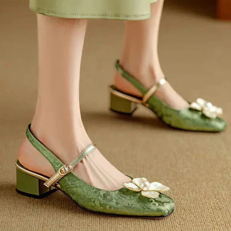 Floral Applique Buckle Strap Block Heel Mary Jane Shoes
