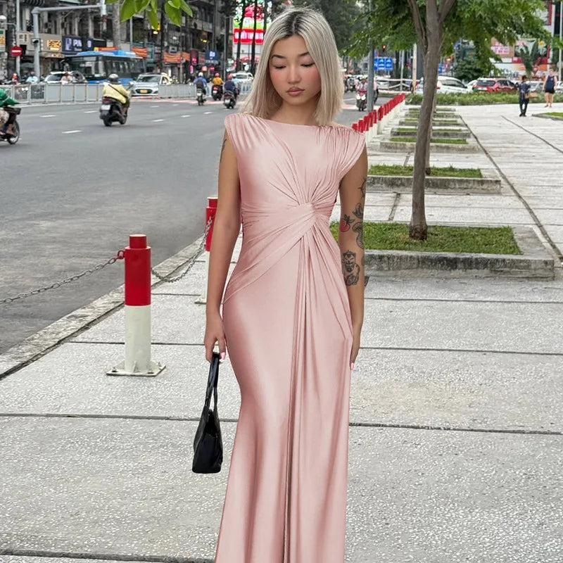 Solid Boat Neck Twist Knot Long Dress