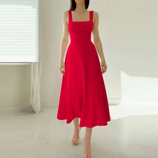 Square Neck Wide Strap Fitted Bodice A-Line Midi Dress