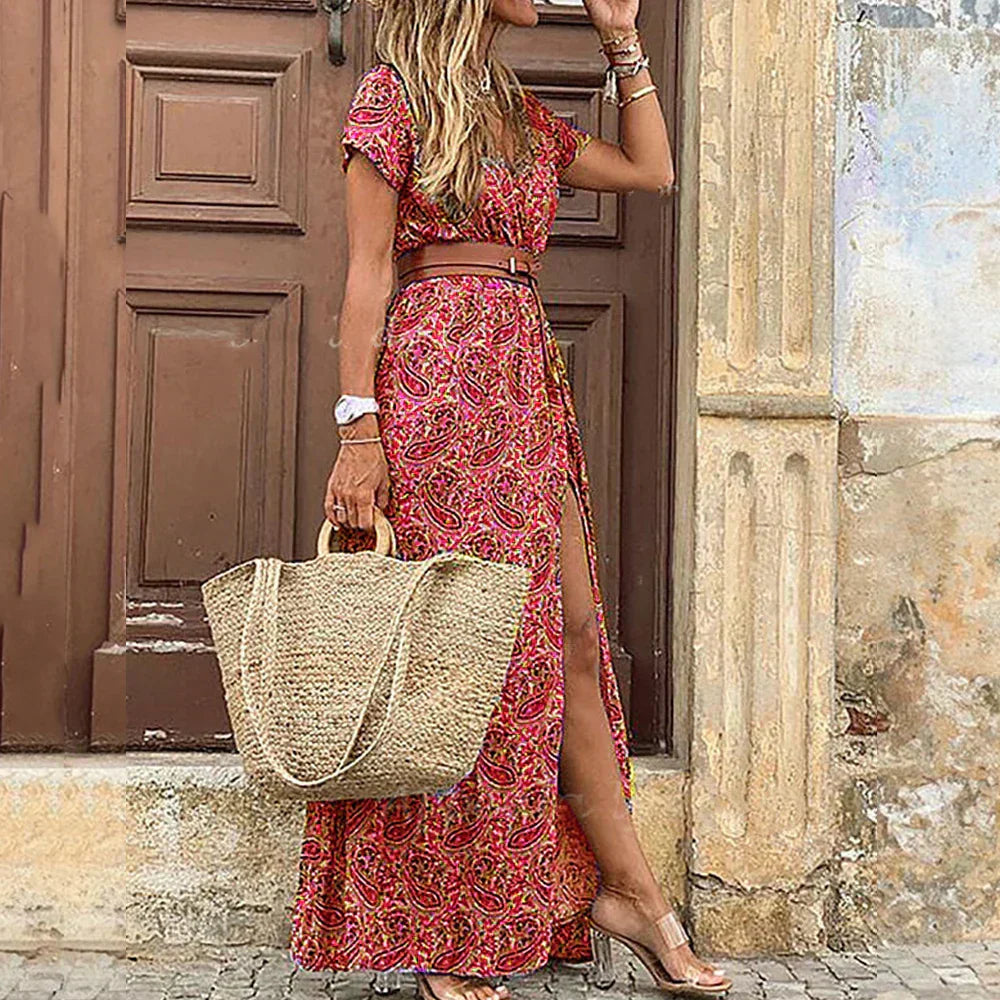Paisley Print V-Neck Long Sleeve Flowy Maxi Dress