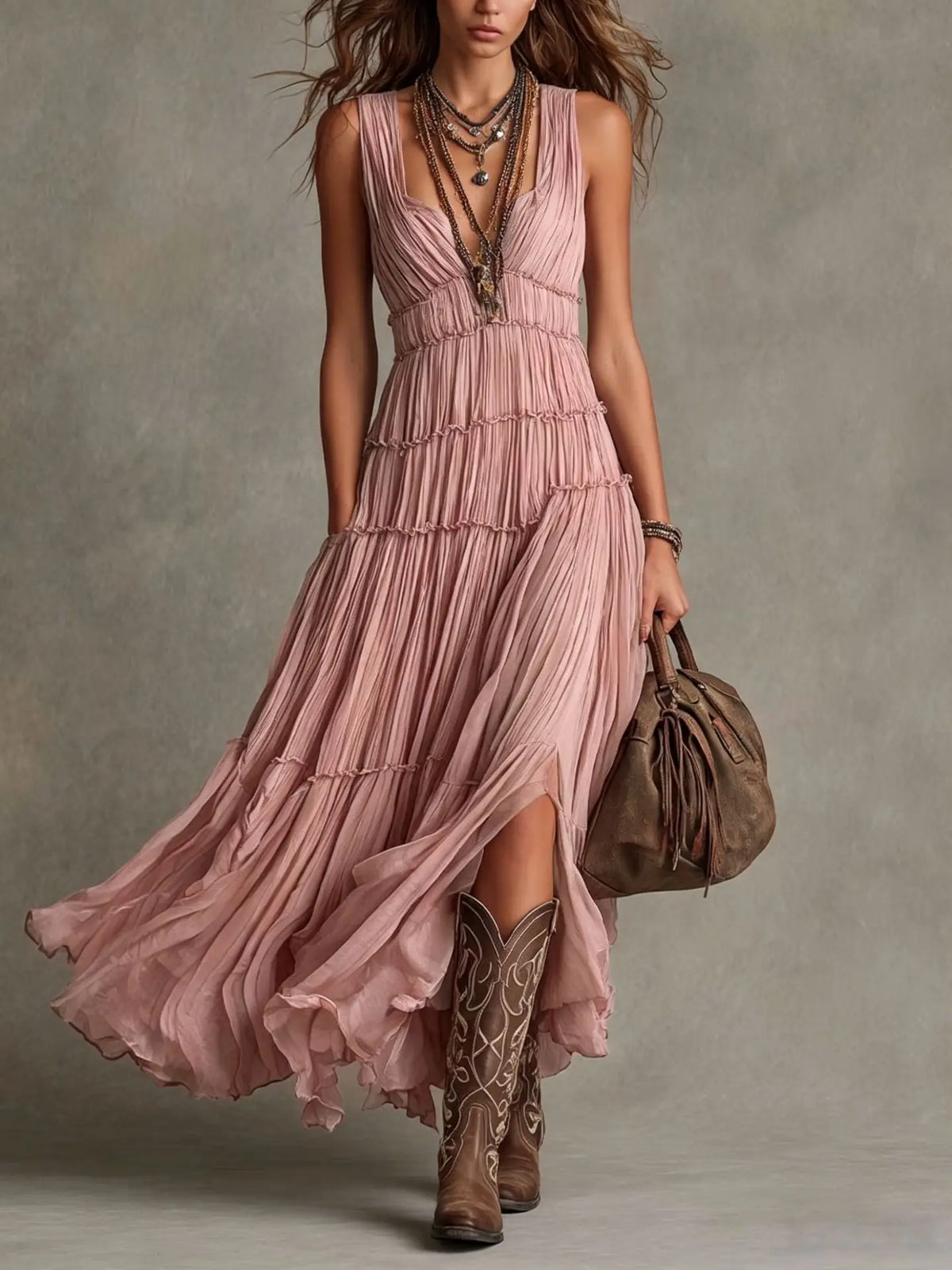 Pleated V-Neck Sleeveless High Split Tiered Maxi Dress