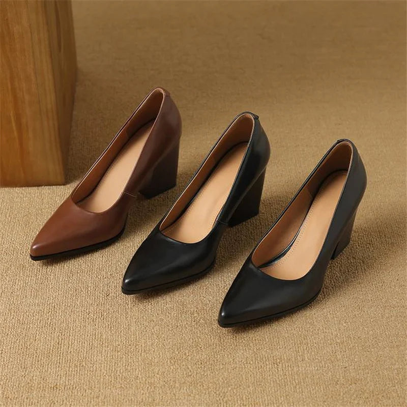 Pointed Toe Block Heel Slip On Leather Look Pumps