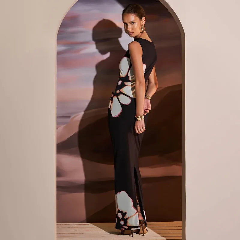 Hollow Sleeveless Oneck Floral Dress