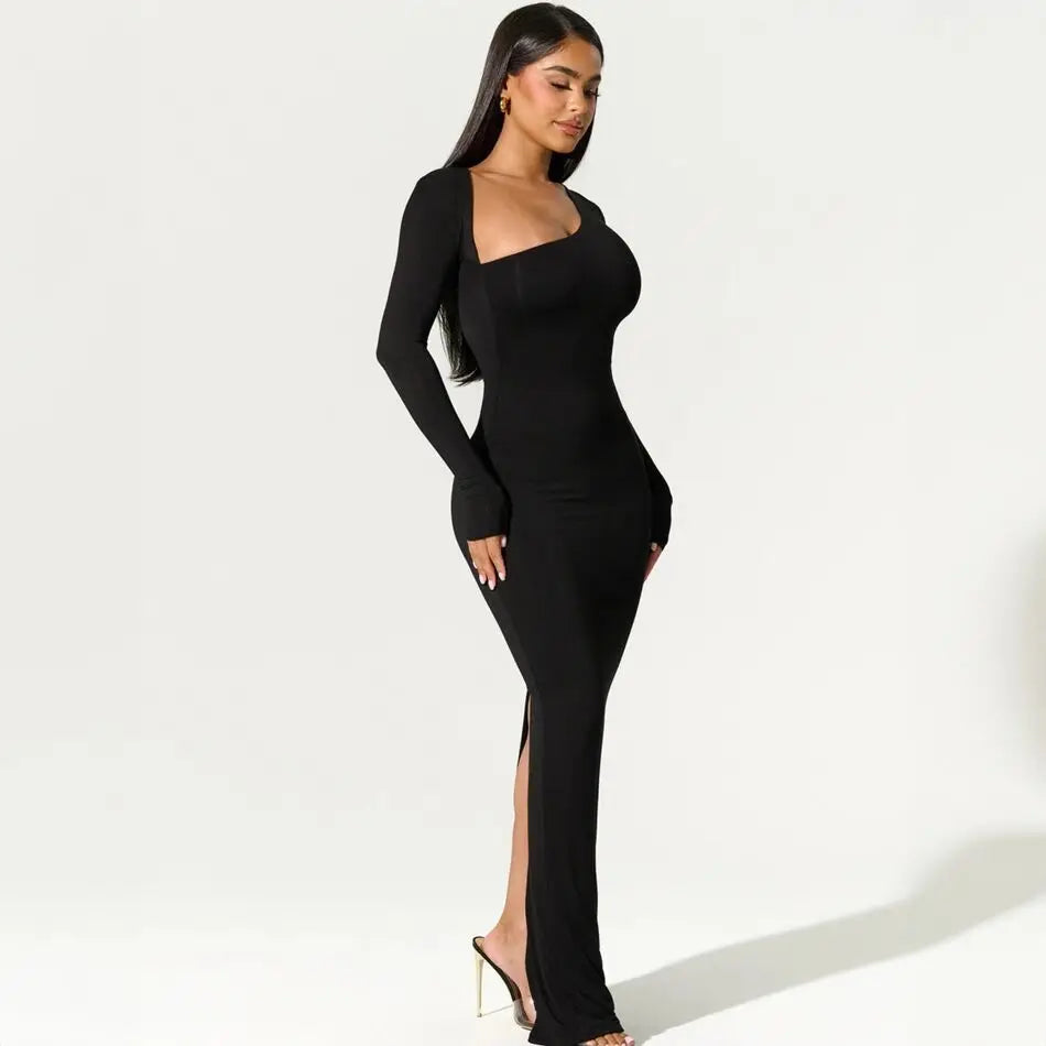 One Shoulder Cut Out Long Sleeve Bodycon Maxi Dress